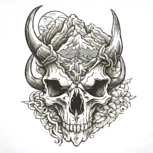 Mountains inside of a buffalo skull tattoo design idea