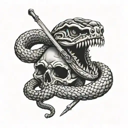 rattle snake wrapped around skull with knife tattoo design idea