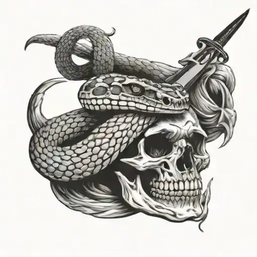 rattle snake wrapped around skull with knife through skull  tattoo design idea