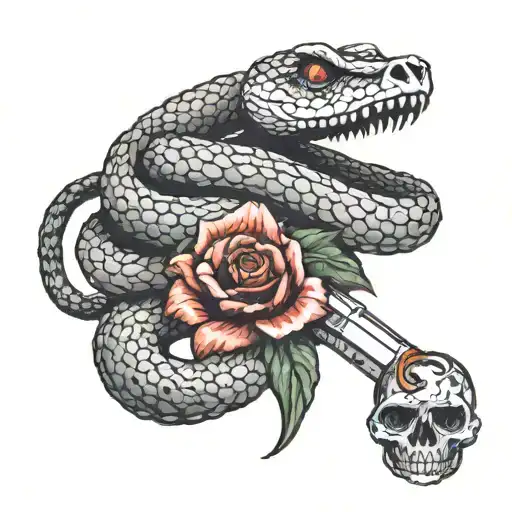 rattle snake wrapped around skull with knife piercing tattoo design idea