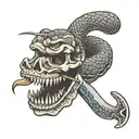 rattle snake wrapped around skull with knife piercing tattoo design idea