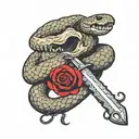 rattle snake wrapped around skull with knife piercing tattoo design idea
