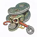 rattle snake wrapped around skull with knife piercing tattoo design idea