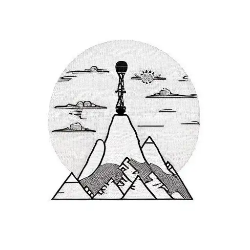 A detailed blackwork tattoo of a rock formation with a radio tower on top, symbolizing your love for rock music and radio tattoo design idea