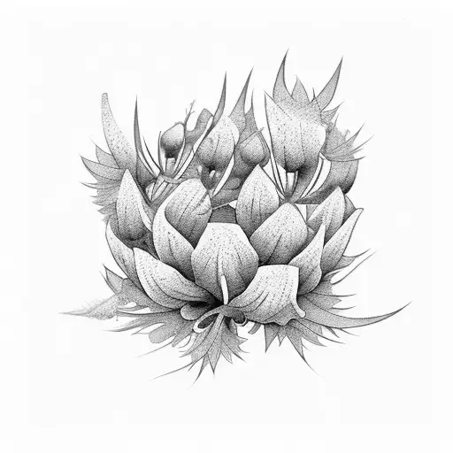 a flower bouquet with golden wattles, thistles, hibiscus and sampaguita jasmines tattoo design idea