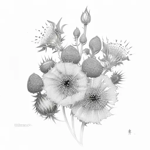 a flower bouquet with golden wattles, thistles, hibiscus and sampaguita jasmines tattoo design idea