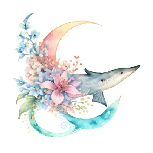 a crescent moon with wildflowers lining it, a bat flying beside it, and a whale below  tattoo design idea