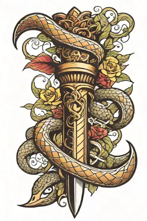 A powerful dagger adorned with femenine snake, blending strength and femininity tattoo design idea