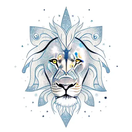 A lion holding a sun in its mouth with a galaxy background tattoo design idea