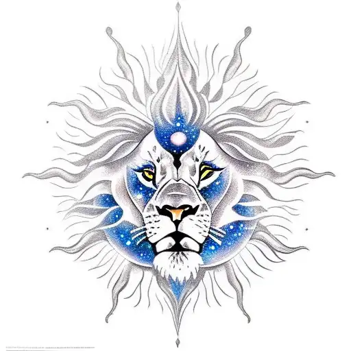 A lion holding a sun in its mouth with a galaxy background tattoo design idea