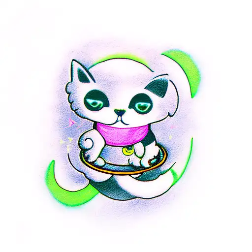  UFO abducting a kitty, with some smoke, neon green lights, Saturn and the rings tattoo design idea