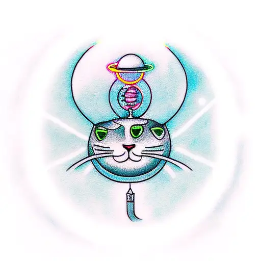  UFO abducting a kitty, with some smoke, neon green lights, Saturn and the rings tattoo design idea