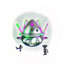  UFO abducting a kitty, with some smoke, neon green lights, Saturn and the rings tattoo design idea