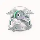  UFO abducting a kitty, with some smoke, neon green lights, Saturn and the rings tattoo design idea