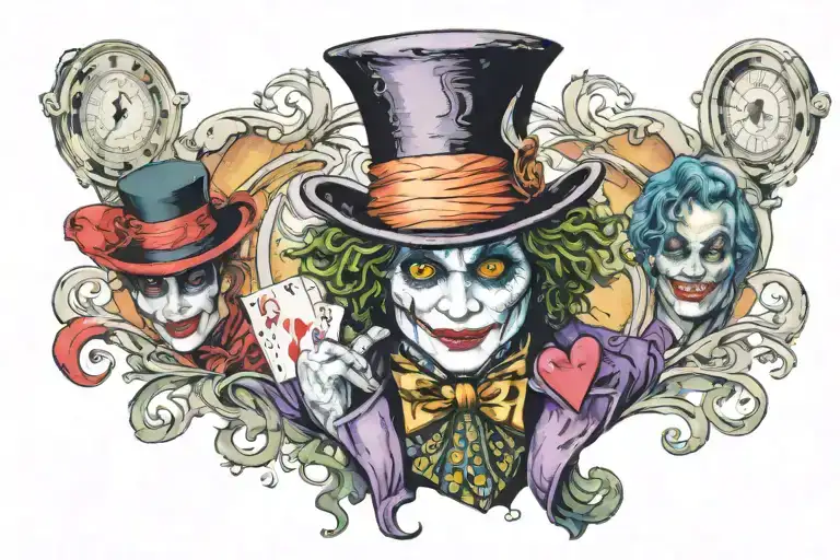 the mad hatter with the joker and a four chamber heart with a target tattoo design idea