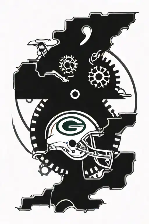 Design a Green Bay Packers logo morphing into a mechanical clockwork design tattoo design idea