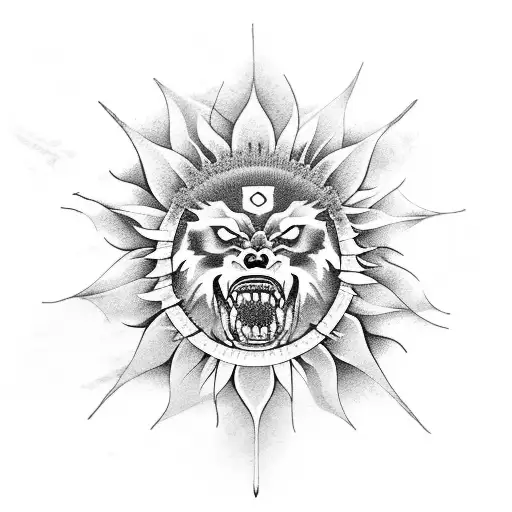 samurai war in a sunflower field with wolfs tattoo design idea