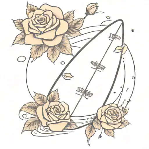 A surfboard covered in roses, with guitar picks scattered around in the sand tattoo design idea