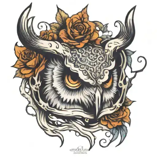 owl head on deer skull tattoo design idea