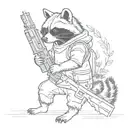 Create a blackwork tattoo sketch of a raccoon holding a gun, depicted in full body. The design should not be overly deta tattoo design idea
