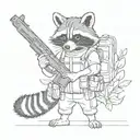Create a blackwork tattoo sketch of a raccoon holding a gun, depicted in full body. The design should not be overly deta tattoo design idea