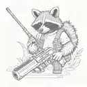 Create a blackwork tattoo sketch of a raccoon holding a gun, depicted in full body. The design should not be overly deta tattoo design idea
