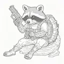 Create a blackwork tattoo sketch of a raccoon holding a gun, depicted in full body. The design should not be overly deta tattoo design idea