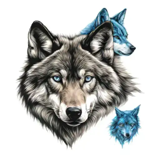 realistic wolf with blue eyes watching over three shadow figures tattoo design idea