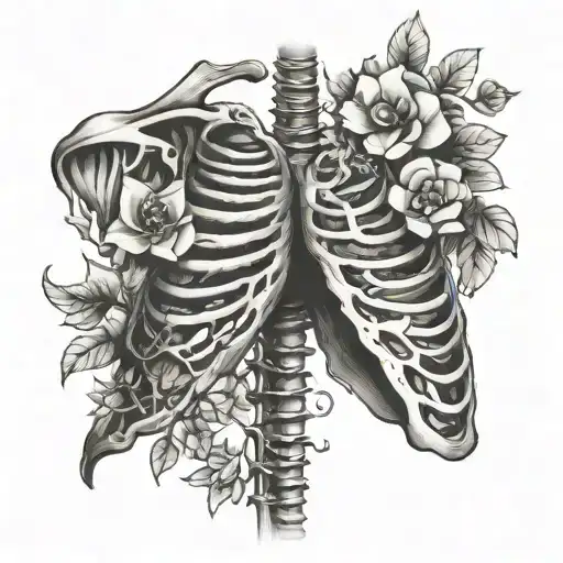 lungs rib cage with flowers tattoo design idea