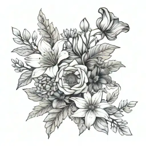 non-leafy bouquet including aster, morning glory, carnation and snowdrop tattoo design idea