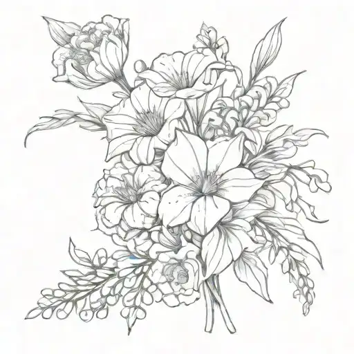 bouquet including aster, morning glory, carnation and snowdrop tattoo design idea