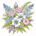 small bouquet including aster, morning glory, carnation and snowdrop tattoo design idea
