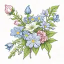 small bouquet including aster, morning glory, carnation and snowdrop tattoo design idea