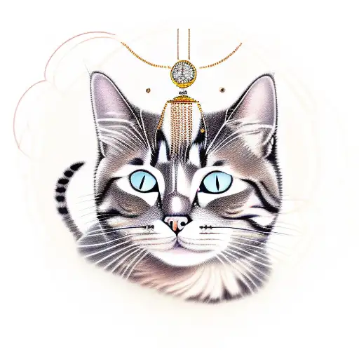 A realistic depiction of a cat sitting on a pile of jewelry with an investment graph in the background tattoo design idea