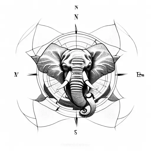 angry Elephant with compass tattoo design idea