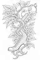 foot crushing serpent, apple tree branch turning into flowers. reflective knife stabbing foot, pills falling  tattoo design idea