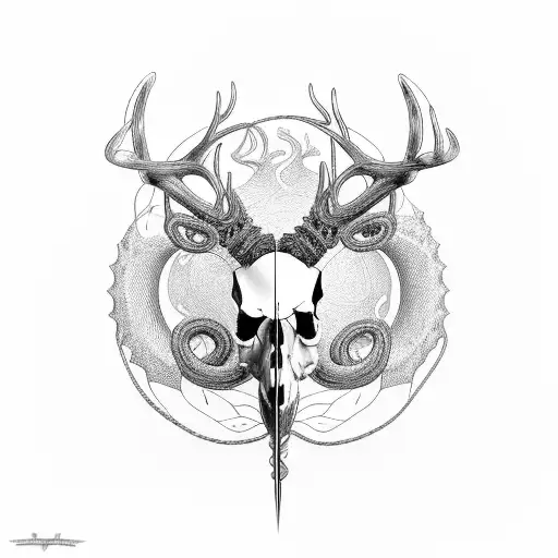 Detailed deer skull with large winding horns entwined with a Caduceus (medical symbol staff) featuring a sinuous serpent tattoo design idea