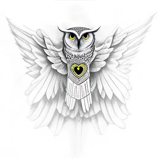 fearce looking owl with wings spread, very details tattoo design idea
