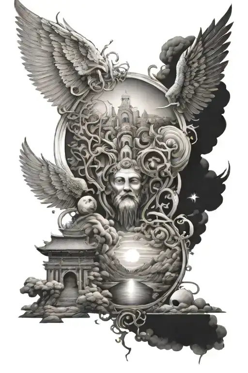 The road from heaven to the afterlife with images of gods from different mythologies. tattoo design idea