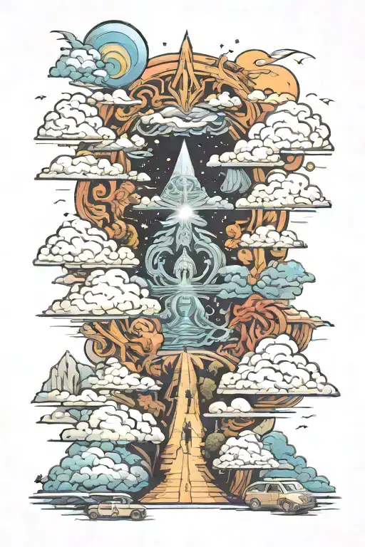 The road from heaven to the afterlife with images of gods from different mythologies. tattoo design idea
