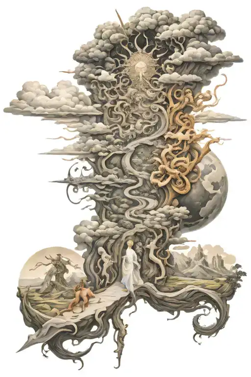 The road from heaven to the underworld with images of gods of different mythologies tattoo design idea