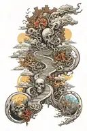 The road from heaven to the underworld with images of gods of different mythologies tattoo design idea