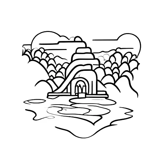 In a square frame: water flowing out of a biblical temple between tree and mountains. water flows out of the drama tattoo design idea