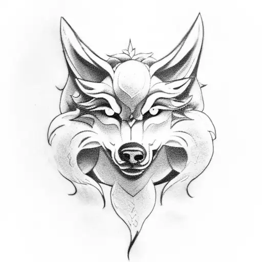 An wolf and lamb mask, half one and half other, kindred from league of legends in a losangle surrounding tattoo design idea