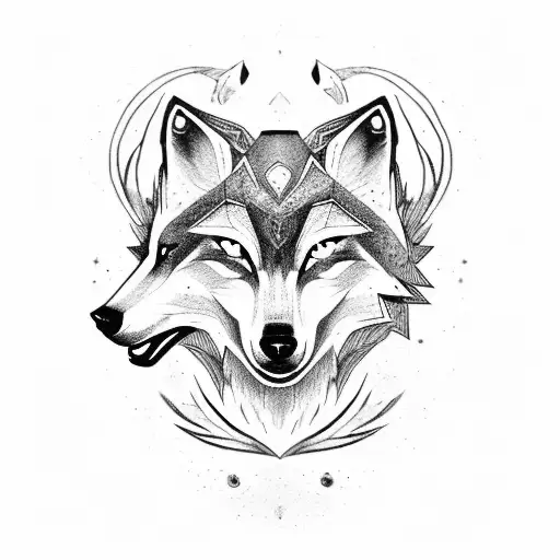wooden wolf and lamb mask, league of legends Kindred, losangle surrounding, fading colors behind the draw tattoo design idea