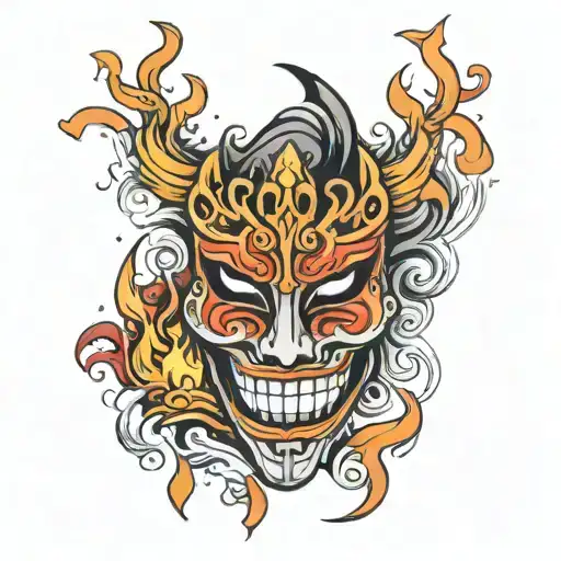 happy drama mask and fire tattoo design idea