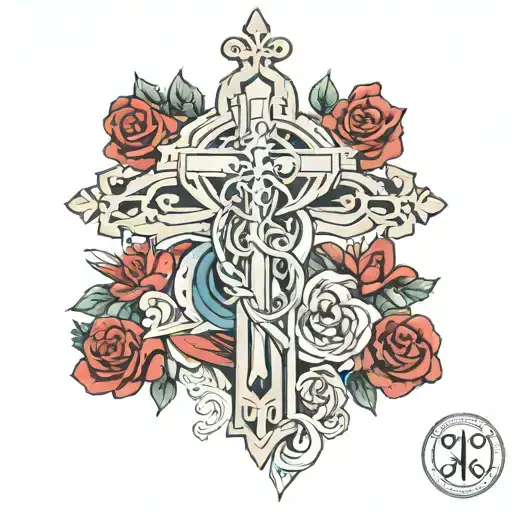 cross with marys heart and saint rita initials and alpha and omega symbol and jesus with romans 8 18 psalm 23 4    tattoo design idea