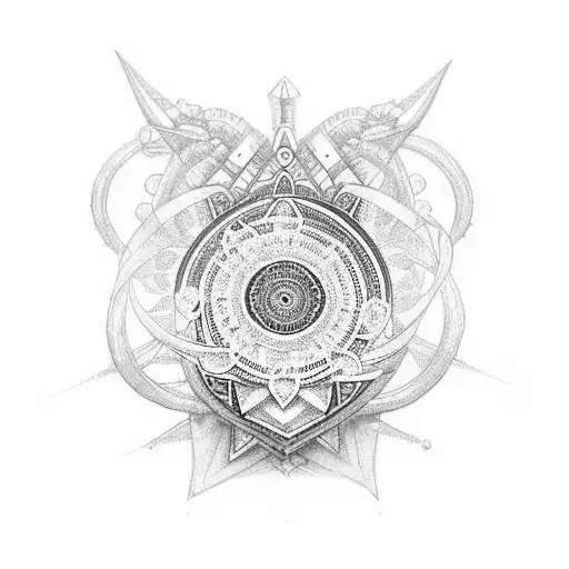 half arm piece with mandala on shoulder a gold chain with two pendants written Anna and Edmond in Egyptian hyrogliphs tattoo design idea