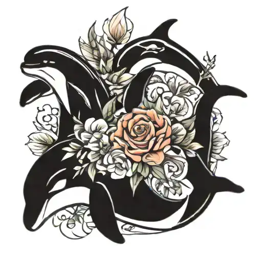 5 siblings, orca whales, arrows, flowers intertwined tattoo design idea