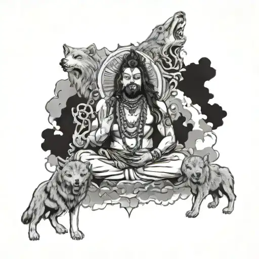 A tattoo design featuring a meditating shiv ji surrounded by growling wolves, with destructive forces in the background, all under a stormy sky tattoo design idea